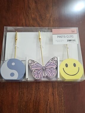 3pc Photo Clips - Blue Yin Yang, Purple Butterfly, Yellow Smile